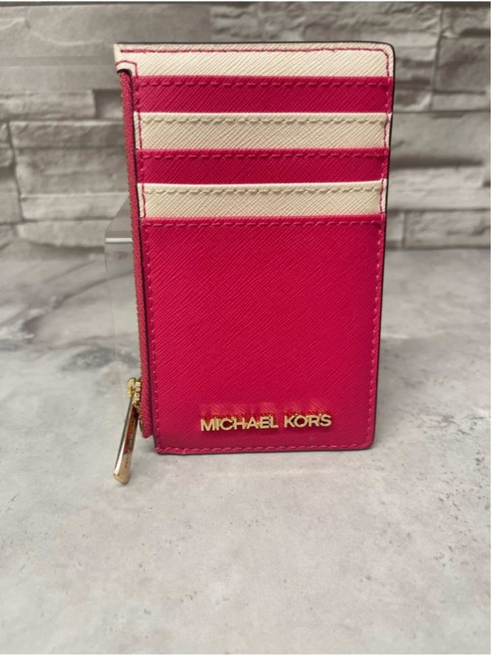 Michael Kors Card Case Wallet Top Zip Slim Electric Pink & White